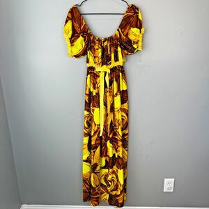 Vintage Evelyn Margolis Hawaii Yellow Floral Max Dress Womens XS Hawaiin